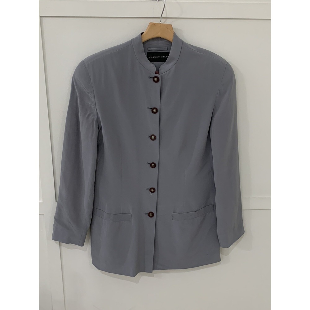 Womens August Silk Jacket Sz 10 Mandarin Collar Steel Gray GUC 100% Silk